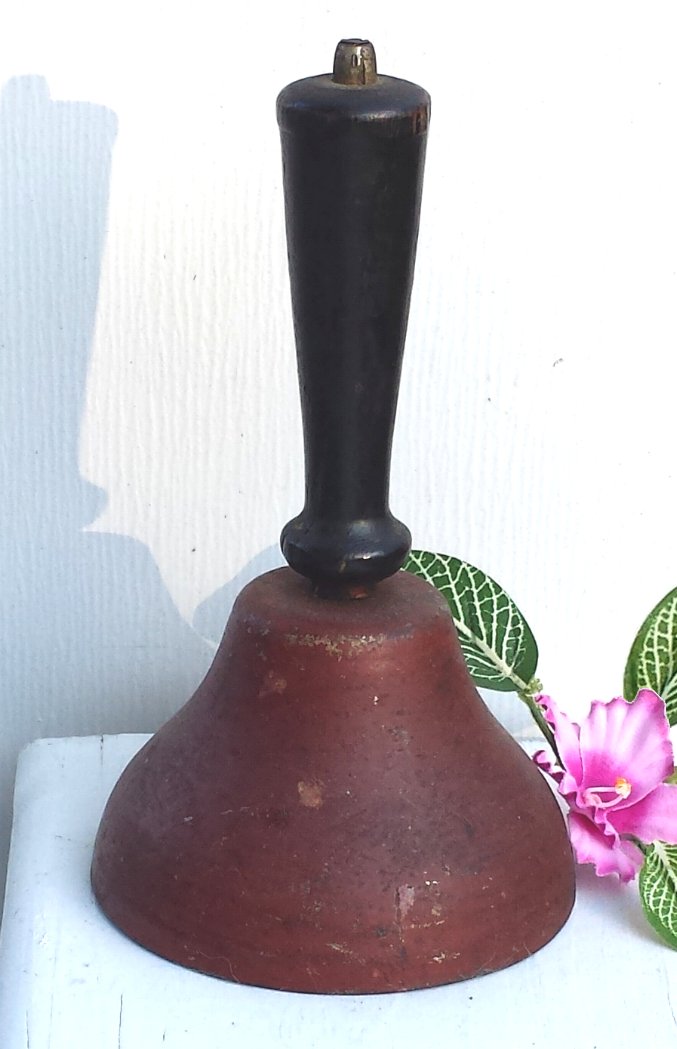 Old Red School Bell with Black Wood Handle