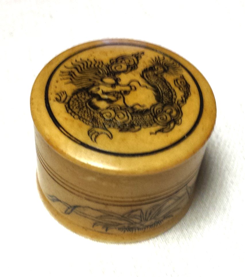 Chinese Faux Ivory Scrimshaw Box with Dragon