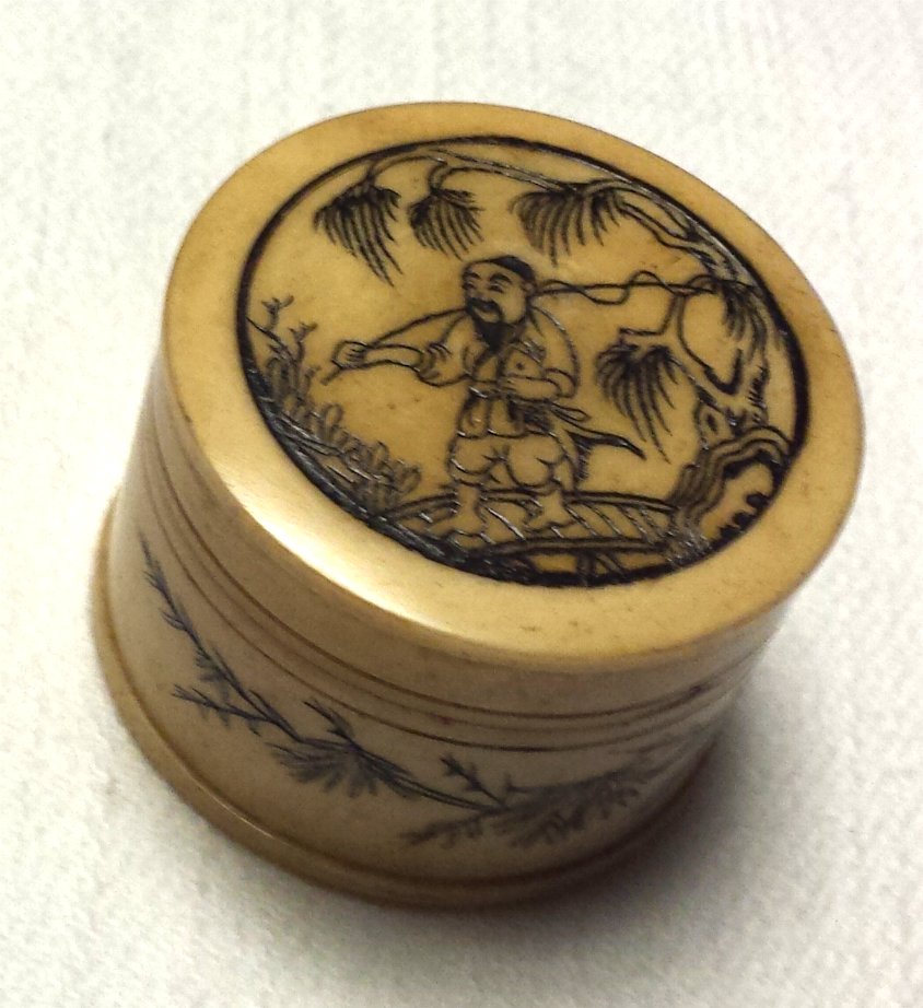 Chinese Faux Ivory Scrimshaw Box Fisherman with Fish