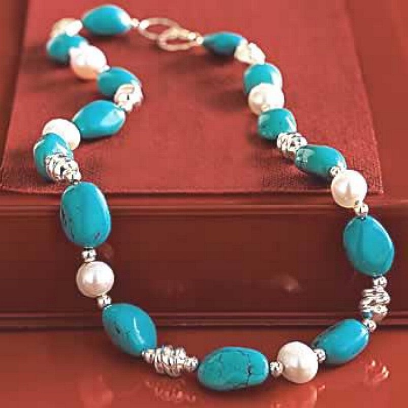 Cultured Pearl and Turquoise Nugget Sterling Silver Necklace New