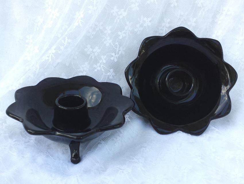 Fenton Flower Form Candle Holder Pair Ebony