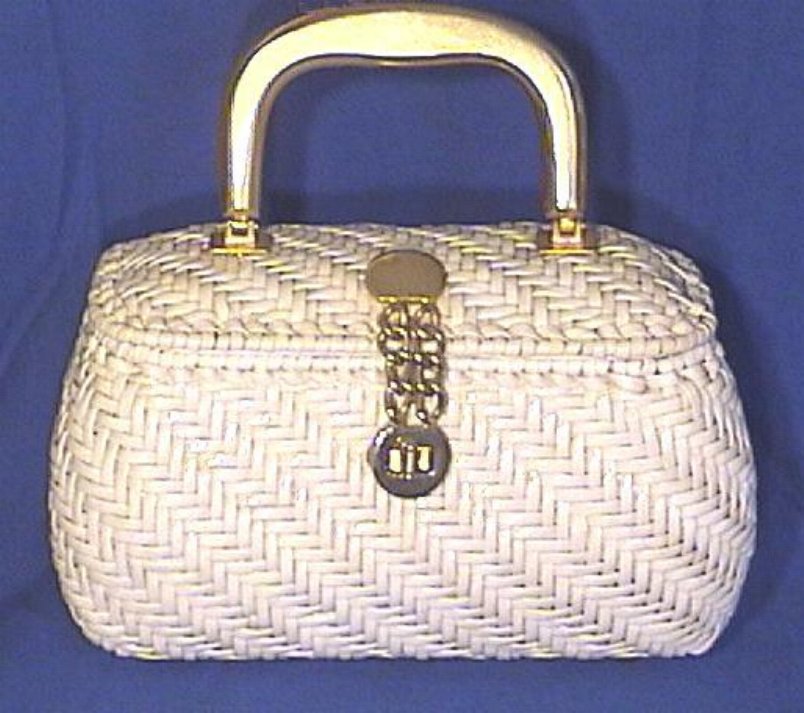 Vintage White Vinyl Wicker & Leather Handbag by Lewis