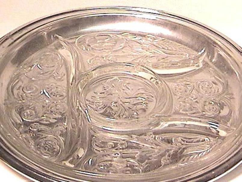 Five Part Depression Glass Rock Crystal Relish with Metal Tray Circa 1930s