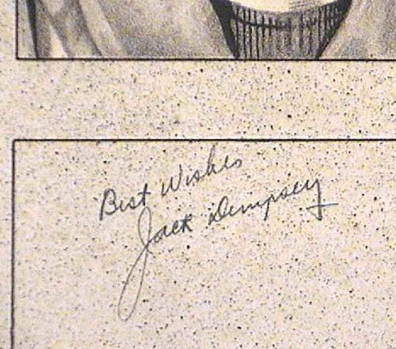 Jack Dempsey 1935 Autograph on Pen and Ink Drawing Heavyweight Boxing Champ