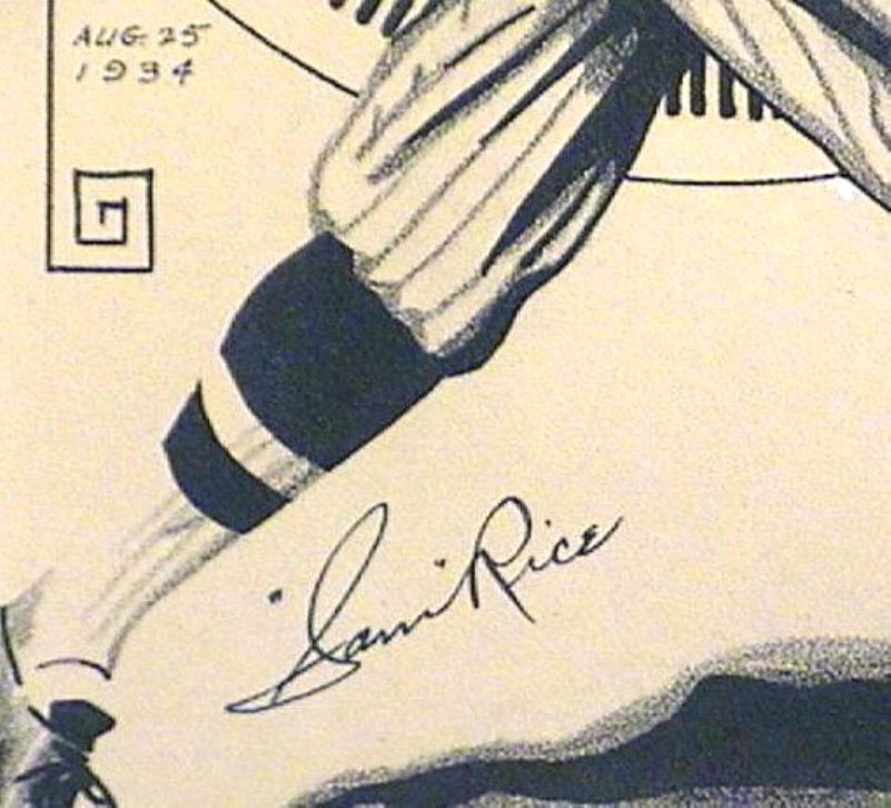 Sam Rice 1934 Autograph on Pen & Ink Drawing Baseball Old Timer