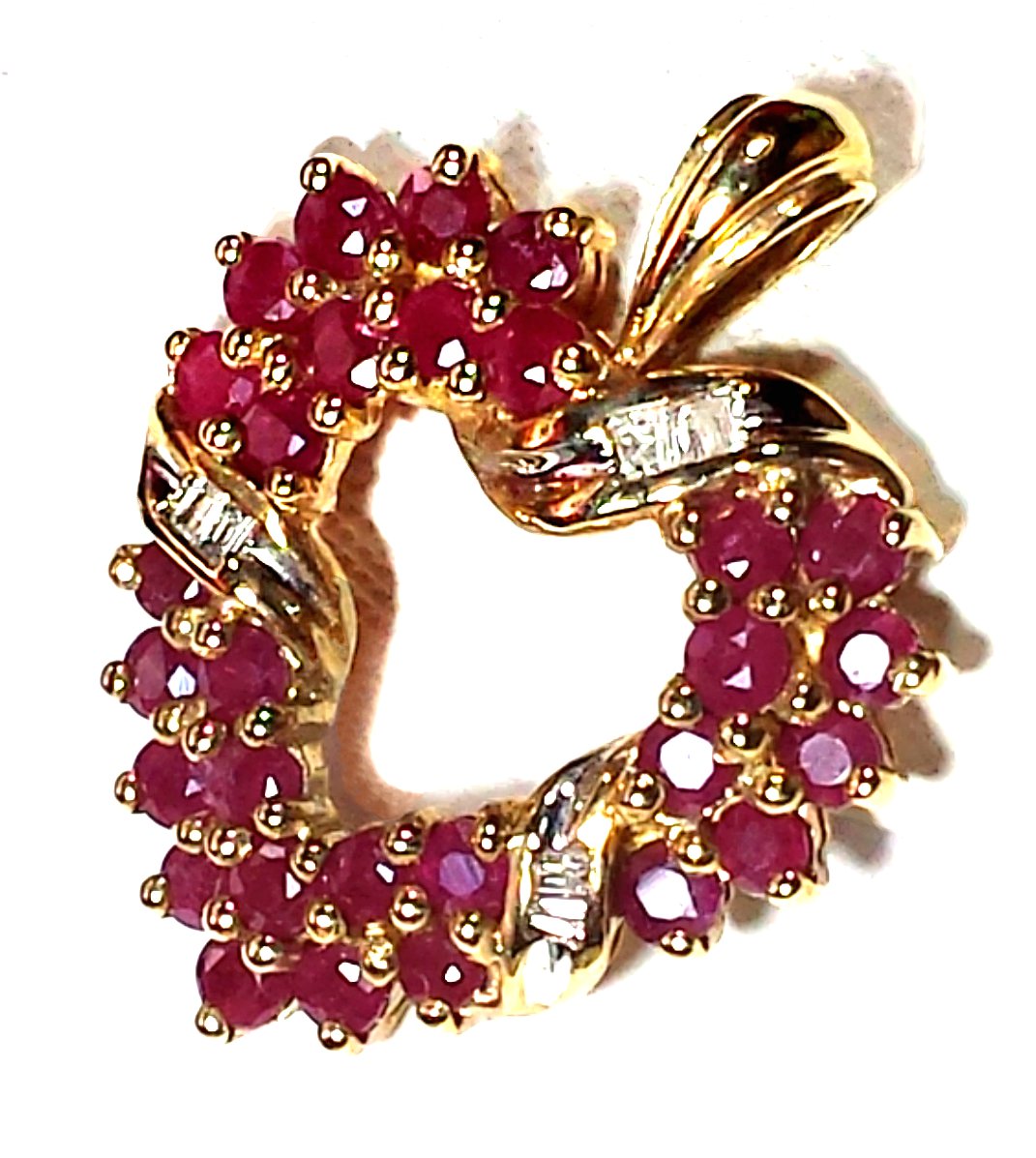 Heart Pendant with Diamonds and Two Rows of Rubies 10KT Gold