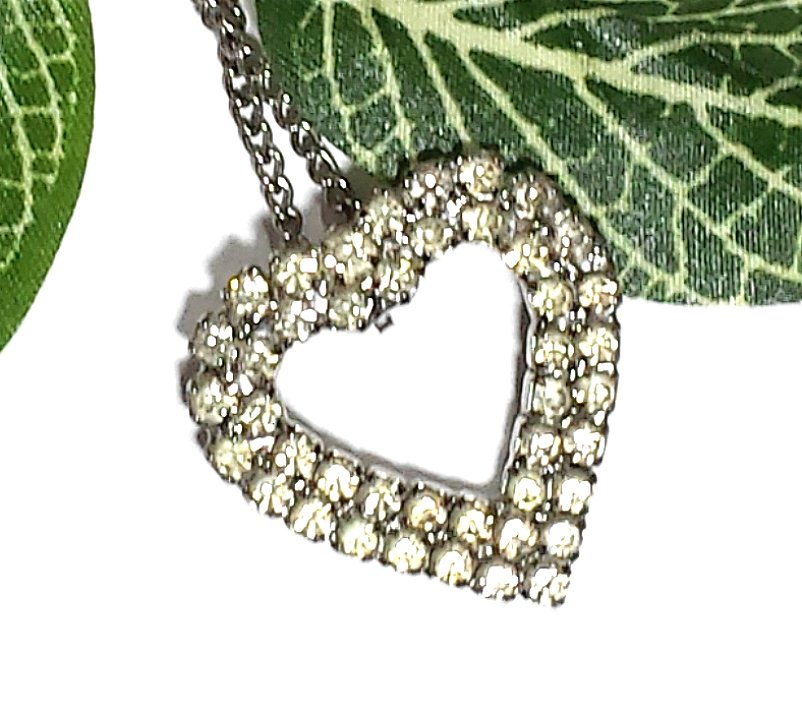 Heart Pendant Two Rows Rhinestones and Silver Chain