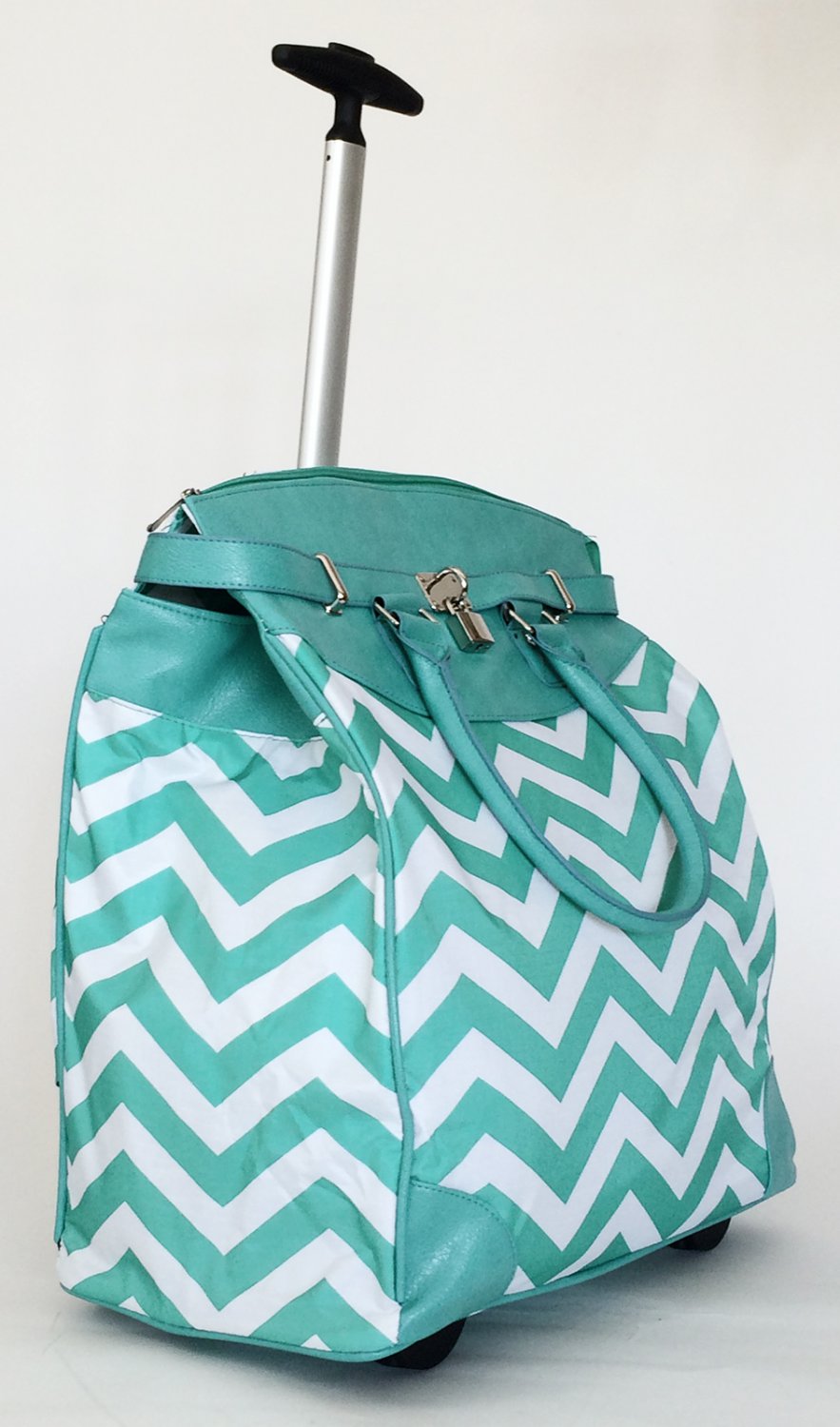 19"Computer/Laptop Bag Tote Duffel Rolling Wheel Case Purse Tablet Chevron Aqua