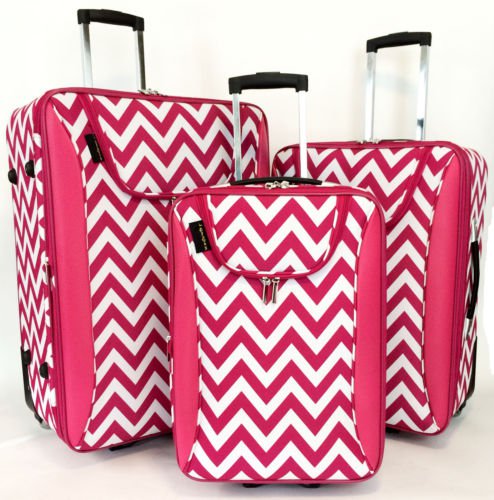3Pc Luggage Set Travel Bag Rolling Wheel CarryOn Expandable Upright Chevron Pink