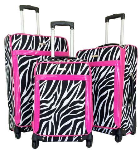 3Pc Luggage Set Travel Bag Rolling 4Wheel Spinner CarryOn Expandable Zebra Pink
