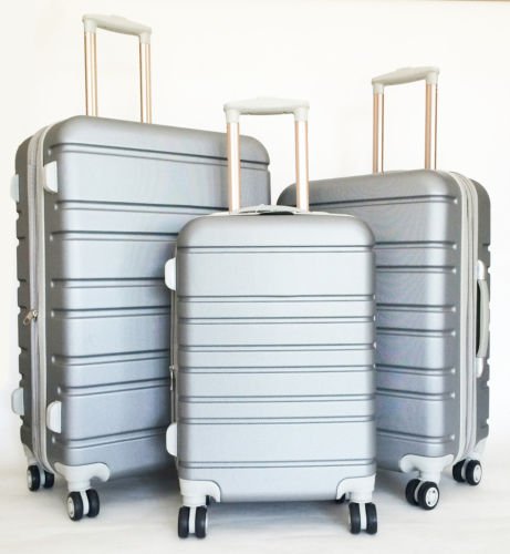 3Pc Luggage Set Hardside Rolling 4 Wheel Spinner Upright CarryOn Travel Silver
