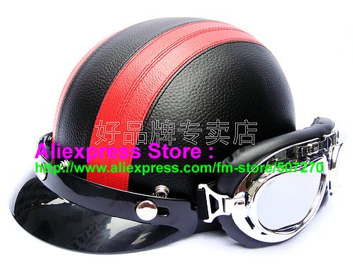 P.102 Leather Half Bol Cycling Open Face Motorcycle Black # Red Helmet Casco Casque & Goggles Free