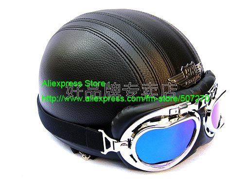 YH-998 Leather Half Bol Cycling Open Face Motorcycle Open Face Full Black Helmet & Color Goggles