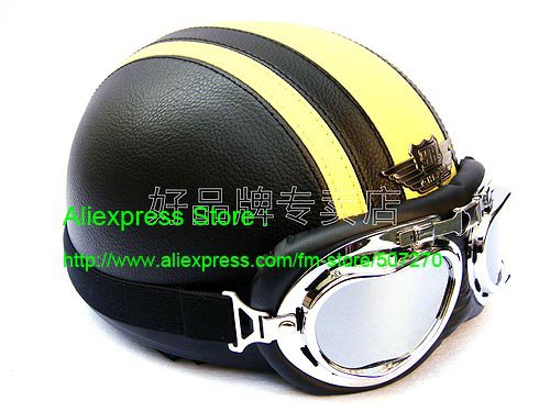 YH-998 Leather Half Bol Cycling Open Face Motorcycle Open Face Black Yellow Helmet & Silver Goggles