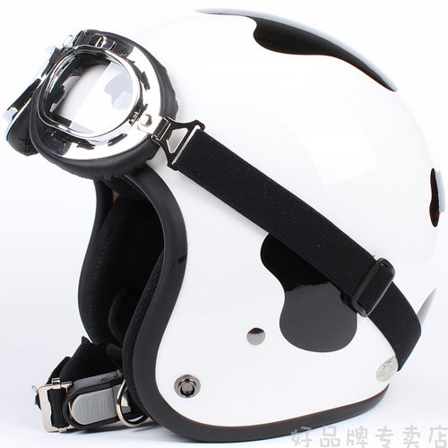 H.05 Taiwan " HUA TAI " ABS Scooter Open Face Motorcycle dairy cow Black # White Helmet & UV Goggles