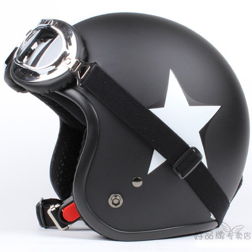 H.14 Taiwan " SYC " ABS Open Face Casco Motorcycle Matte Black # White Star Helmet & UV Goggles