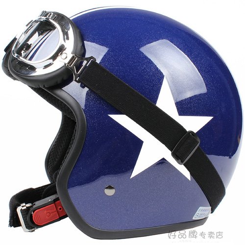 H.16 Taiwan " EVO " ABS Retro Open Face Motorcycle Gloss Blue # White Star Helmet & UV Goggles