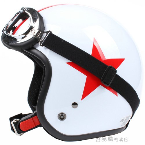 H.21 Taiwan " SYC " ABS Half Face Casco Motorcycle Gloss White # Red Star Helmet & UV Goggles