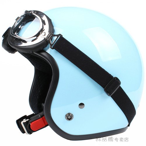 H.25 Taiwan " SYC " Retro ABS Open Face Motorcycle Full Gloss Sky BLue Helmet & UV Goggles