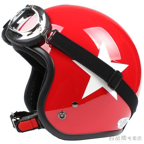 H.26 Taiwan " SYC " ABS Scooter Open Face Motorcycle Full Gloss Red # White Star Helmet & UV Goggles