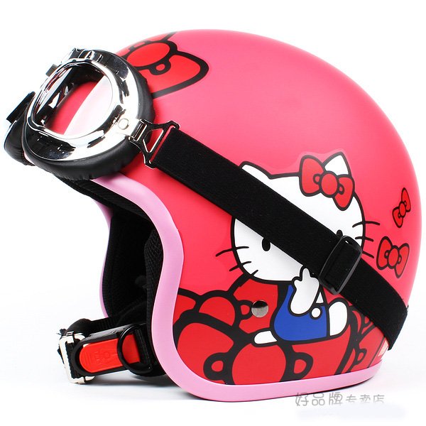 H.38 Taiwan " EVO " Racing Open Face Motorcycle " Hello Kitty " Bowknot Matt Red Helmet & UV Goggles