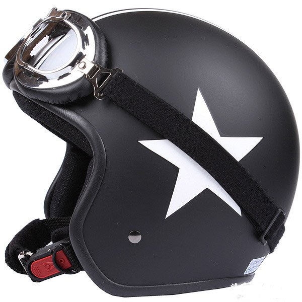 H.145 Taiwan "EVO" Scooter Casco Open Face Motorcycle Matte Black # White Star Helmet & Goggles