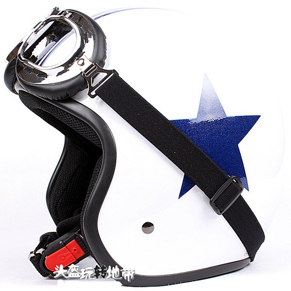 H.147 Taiwan " EVO " Casco Open Face Casque Motorcycle White # Blue Star Helmet & Goggles