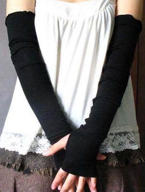 Black lady Fingerless warm Mitten long gloves wrist cover arm Half glove with Women fingers