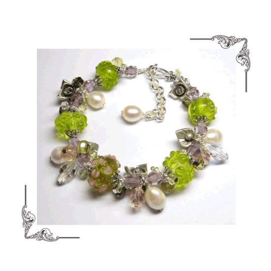Rose Garden - Stunning Artisan Lampwork - Sterling Silver - Freshwater Pearls - Swarovski Bracelet