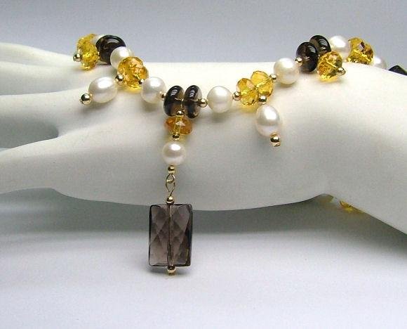 Faceted Smoky Quartz, Citrine & White Freshwater Cultured Pearl Necklace