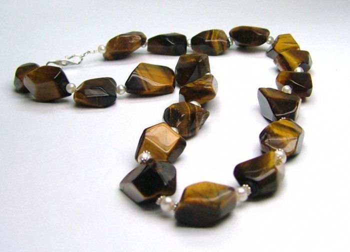 Tiger's Eye Nuggets & Freshwater Cultured Pearl Necklace