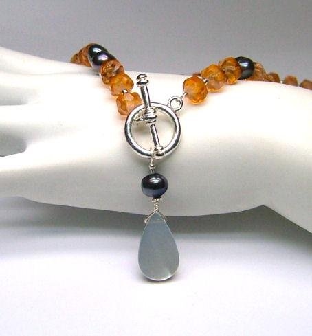 Black Freshwater Cultured Pearl, Amber Glass Beads & Mother of Pearl Lariat Necklace