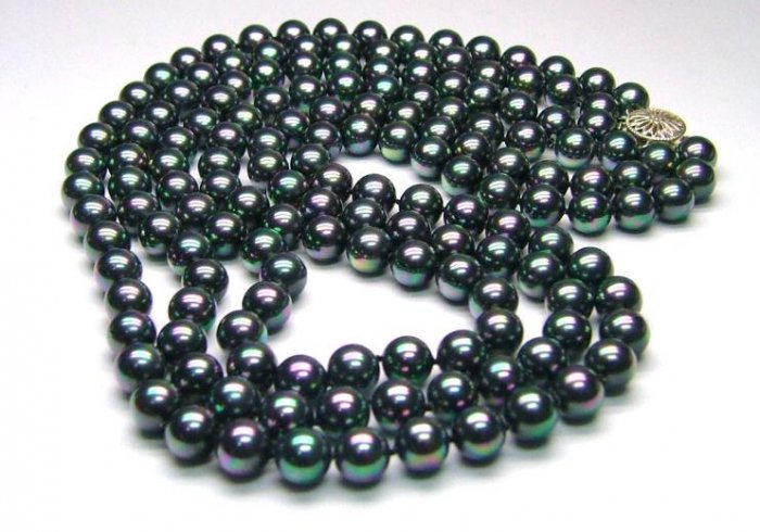 Triple Strands Peacock Black South Sea Shell Pearl Necklace - 925
