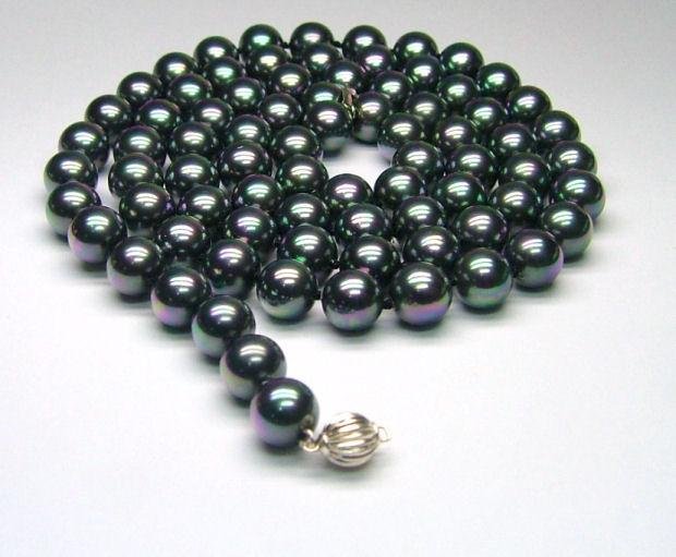 37" 10mm Peacock Black South Sea Shell Pearl Necklace - 925 silver