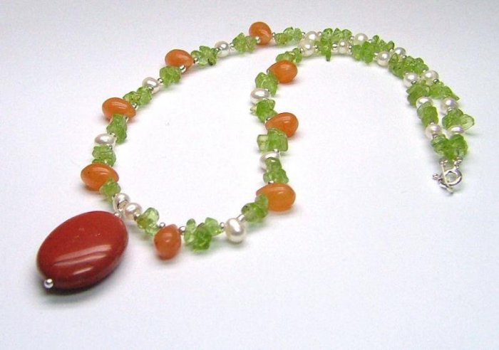Red Jasper, Carnelian, Peridot, Cultured Pearl Delicate Gemstone Necklace - 925