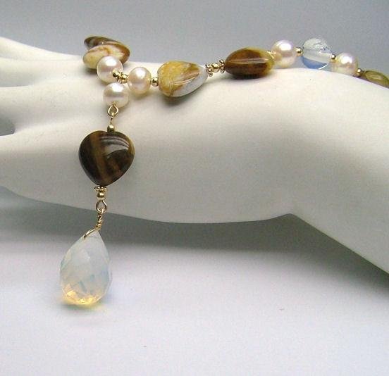 Opal Hearts, Opalite & freshwater Cultured Pearls Necklace
