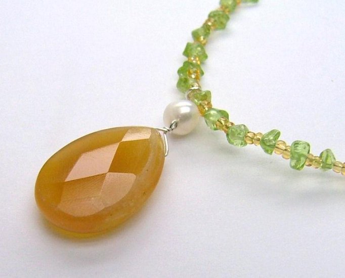 Faceted Orange Agate Drop & Peridot Necklace - 925