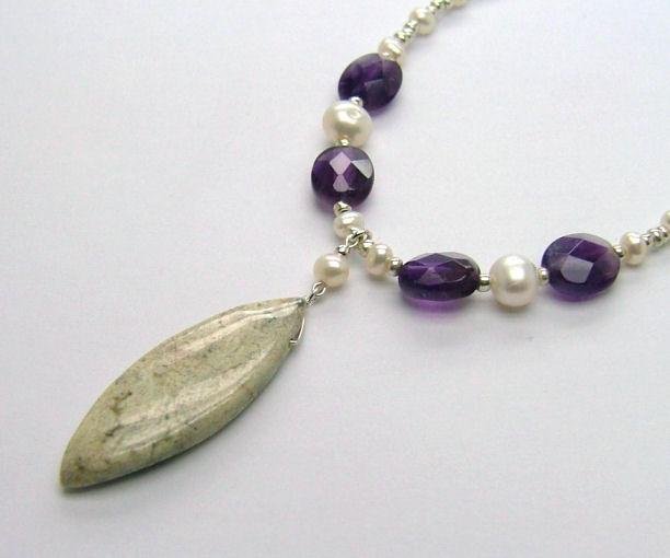 Jasper, Amethyst & Freshwater Cultured Pearl Necklace - 925