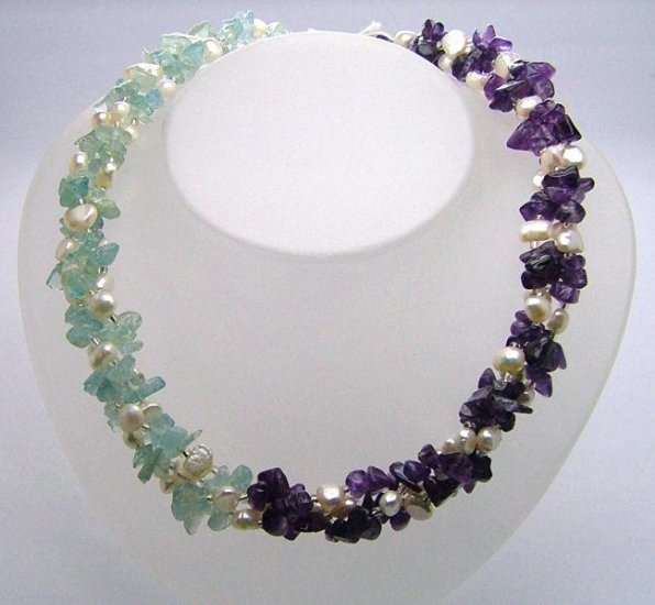 Mermaid ~ Amethyst Aquamarine Freshwater Cultured Pearl 3 strand Twist Necklace