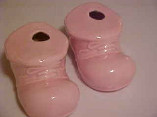 PINK POTTERY FIGURAL BABY SHOE CANDLE HOLDERS FIGRUINES