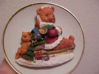 PORCELAIN CHRISTMAS 3D SANTA TEDDY BEAR ON SLED W/TOYS PLATE