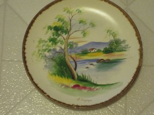 Vintage American Folk Art Hand Painted Dinner Plate Cabin by Woods by S. Kurzuya