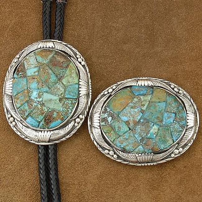 Mens Turquoise Bolo Tie Belt Buckle Sterling Silver Cobblestone Inlay