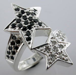 MODERN CREATED BLACK SAPPHIRE & DIAMOND Sterling 925 Silver RING