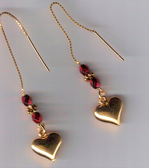 Puffed Heart Charm Threader Earrings 14k Vermeil
