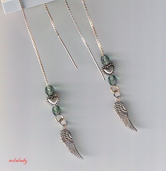 Angel Wing Charm Threader Earrings Sterling Silver