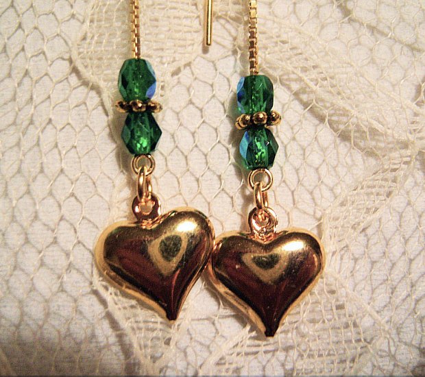 Puffed Heart Charm Threader Earrings 14k Vermeil