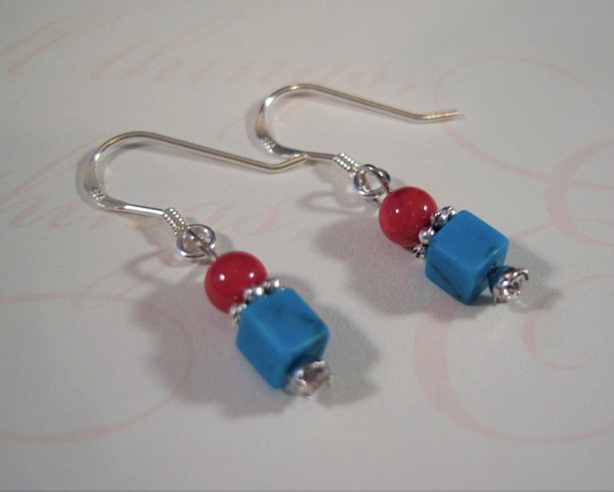 Turquoise and Red Sterling Silver Earrings