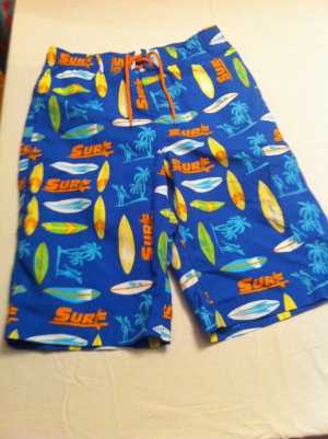 J.Khaki swim trunks, Bl/Orng/Yllw Surf Board/Palm Tree Design, Cargo Pocket Size L, New With Tags