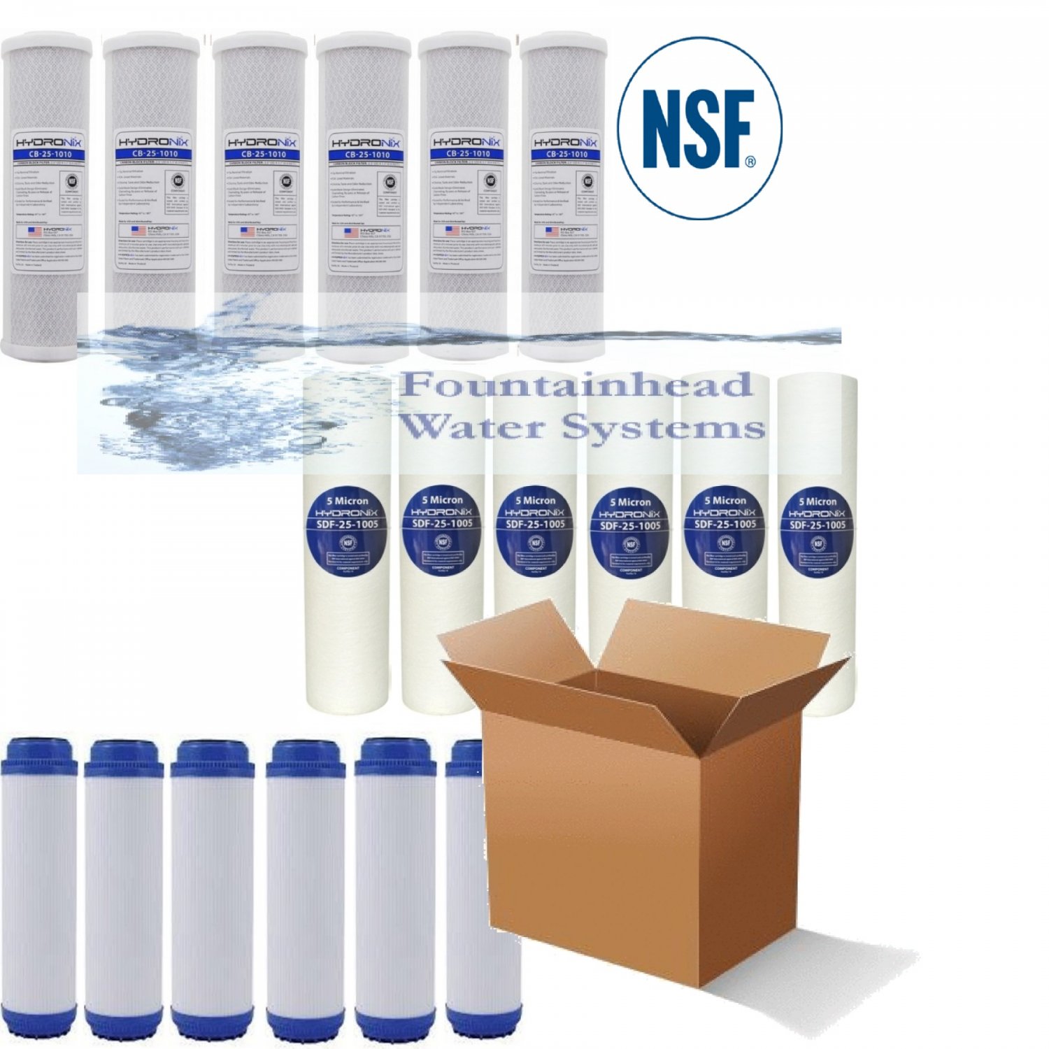 6 Carbon Block 6 Sediment Filters 6 GAC NSF 5Micron 2.5X9.75" Standard Filters